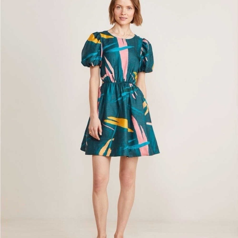 NWT Vineyards Vines Women's Abstract‎ Puff-Sleeve Back Cutout Dress Size 6